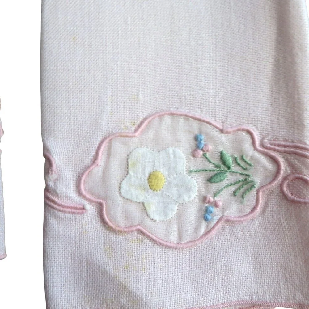 Vintage Pink Battenburg Embroidery Lace Linen Hand Guest Towels 11